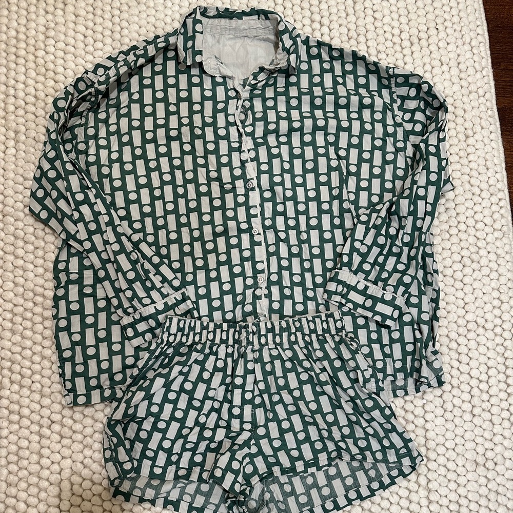 Daily Drills Green and White Geometric Satin Pajama Set